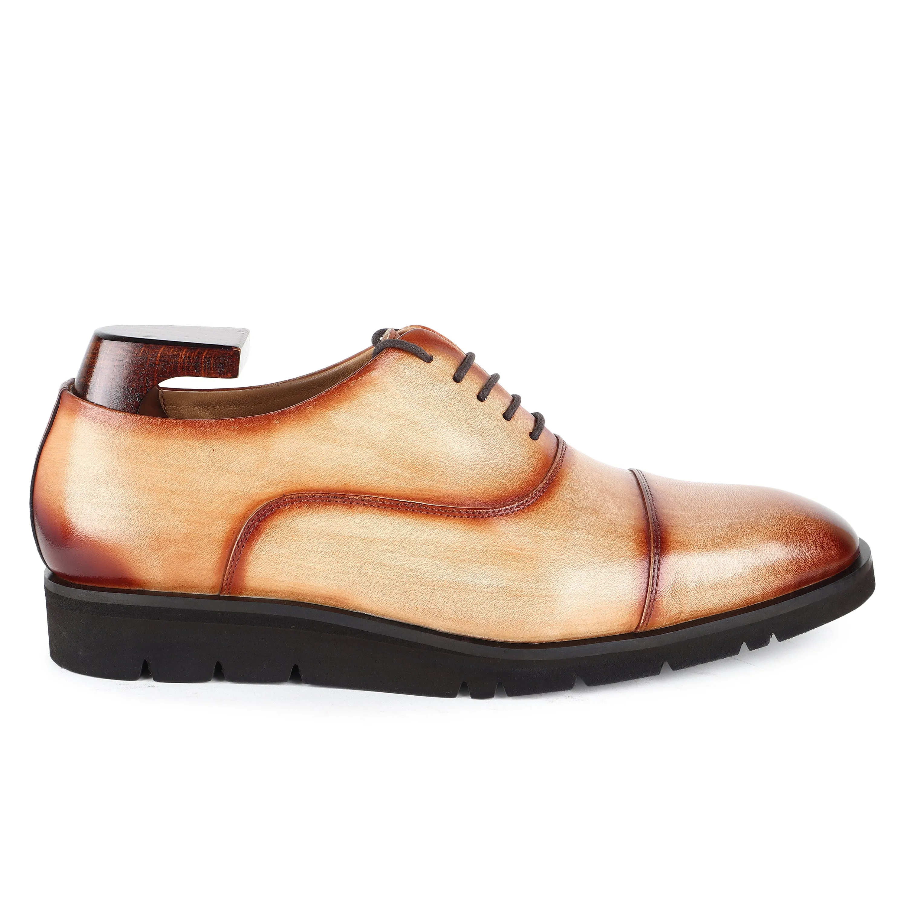 Tan Mirror Glossed Handpainted Patina Extralight Captoe Oxfords
