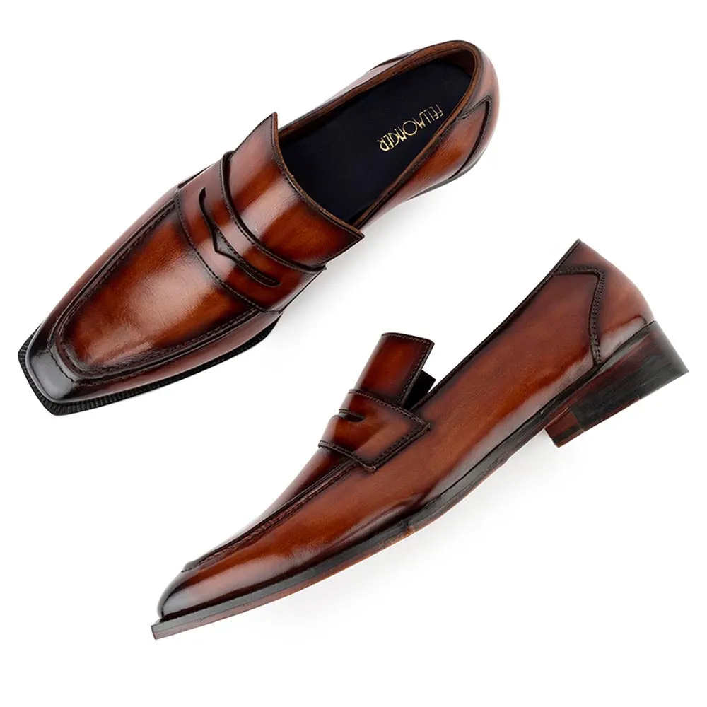 Tan Patina Glossed Sharp Cut Loafers