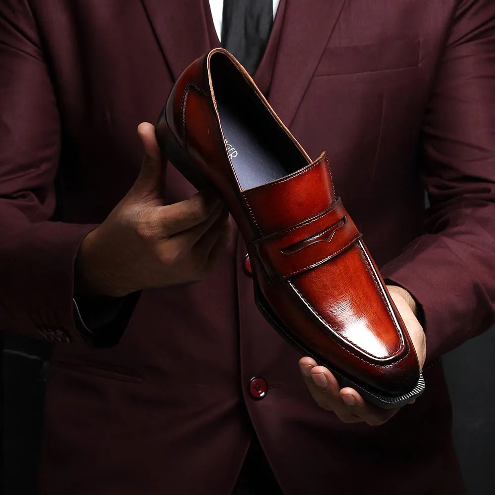 Tan Patina Glossed Sharp Cut Loafers
