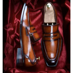 Tan Patina Glossed Sharp Cut Loafers