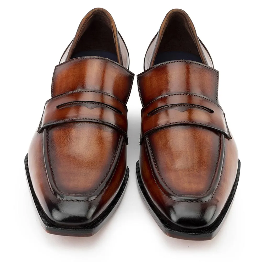 Tan Patina Glossed Sharp Cut Loafers