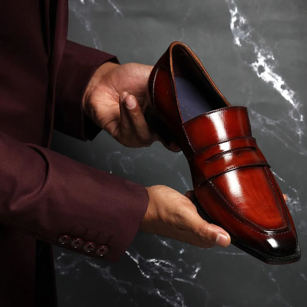 Tan Patina Glossed Sharp Cut Loafers