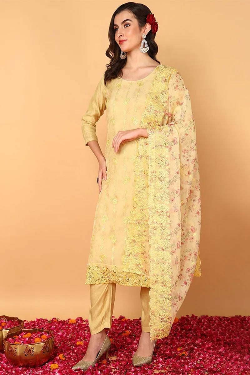 Yellow Organza Floral Embroidered Straight 3-Piece Kurta Set