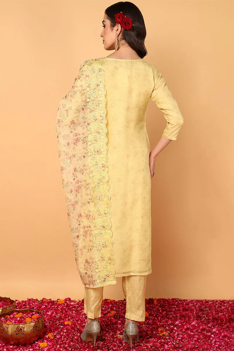 Yellow Organza Floral Embroidered Straight 3-Piece Kurta Set