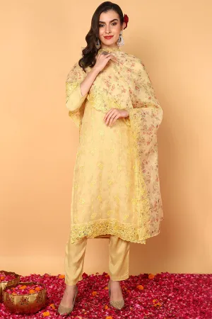 Yellow Organza Floral Embroidered Straight 3-Piece Kurta Set