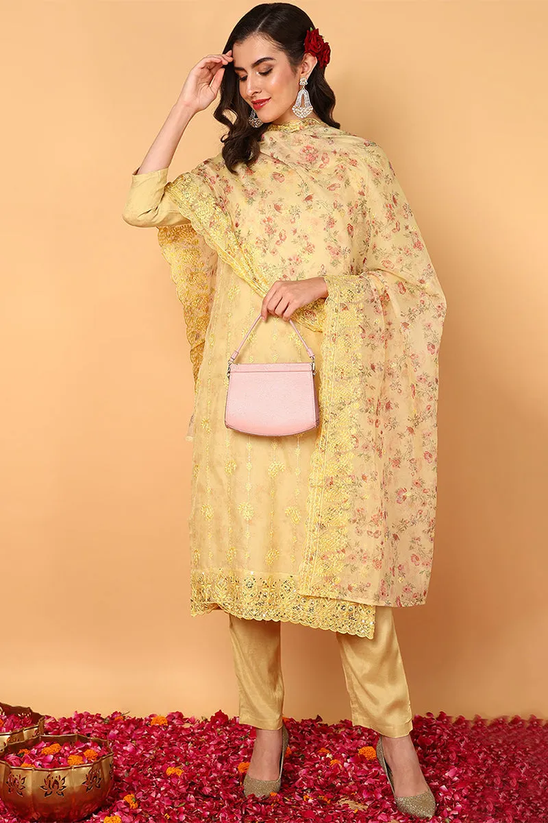 Yellow Organza Floral Embroidered Straight 3-Piece Kurta Set
