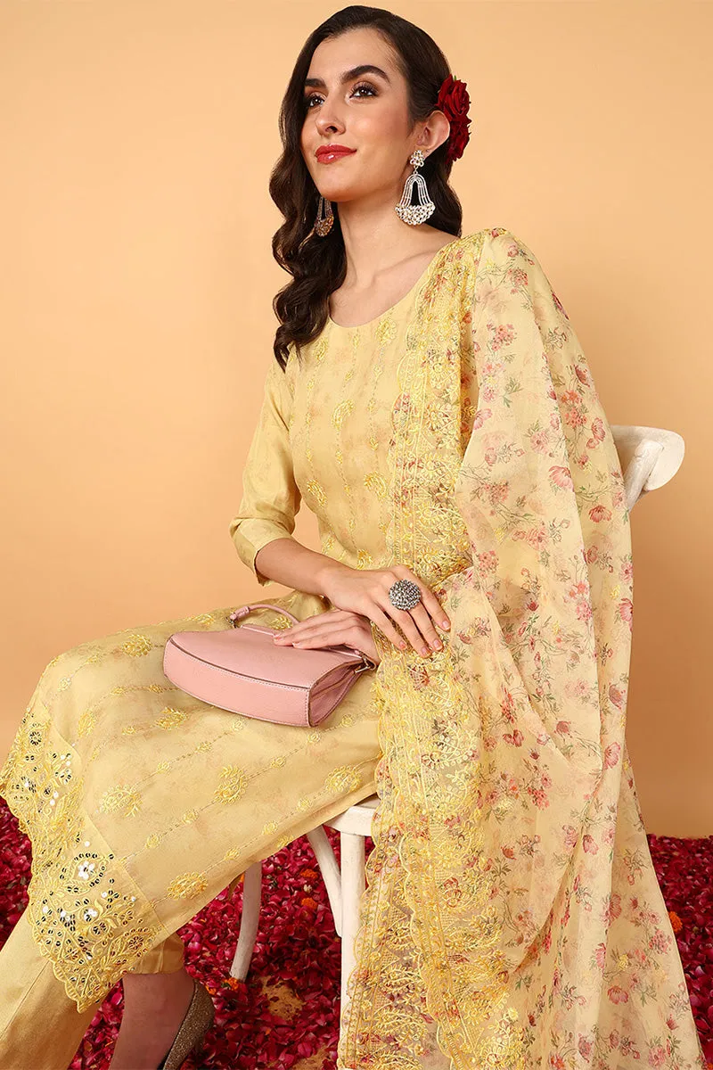 Yellow Organza Floral Embroidered Straight 3-Piece Kurta Set